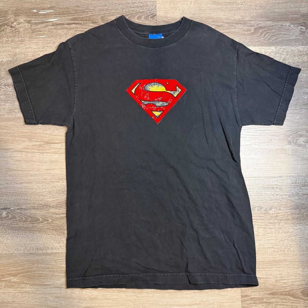 Y2K Superman Graphic T-Shirt Mens Medium Black Shield Logo DC Comics Tee